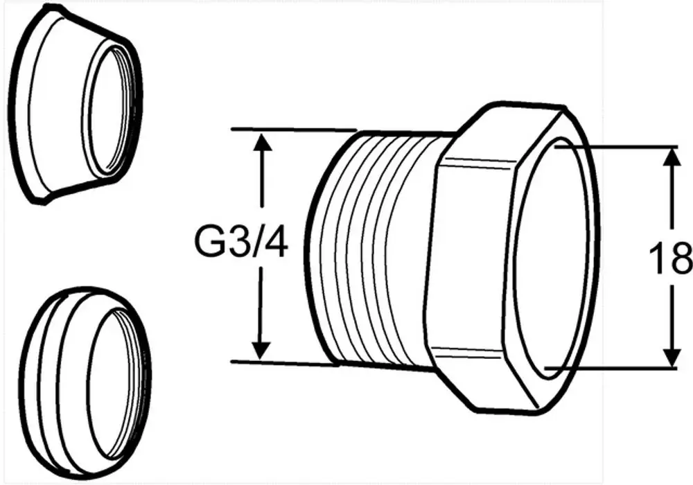 Kombikupplung von IMI Hydronic Engineering, mit Gewinde G3/4, geeignet für verschiedene Rohrtypen, abgebildet in seitlicher und frontaler Ansicht.